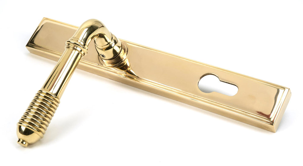 White background image of From The Anvil's Polished Brass Reeded Slimline Lever Espag. Lock Set | From The Anvil
