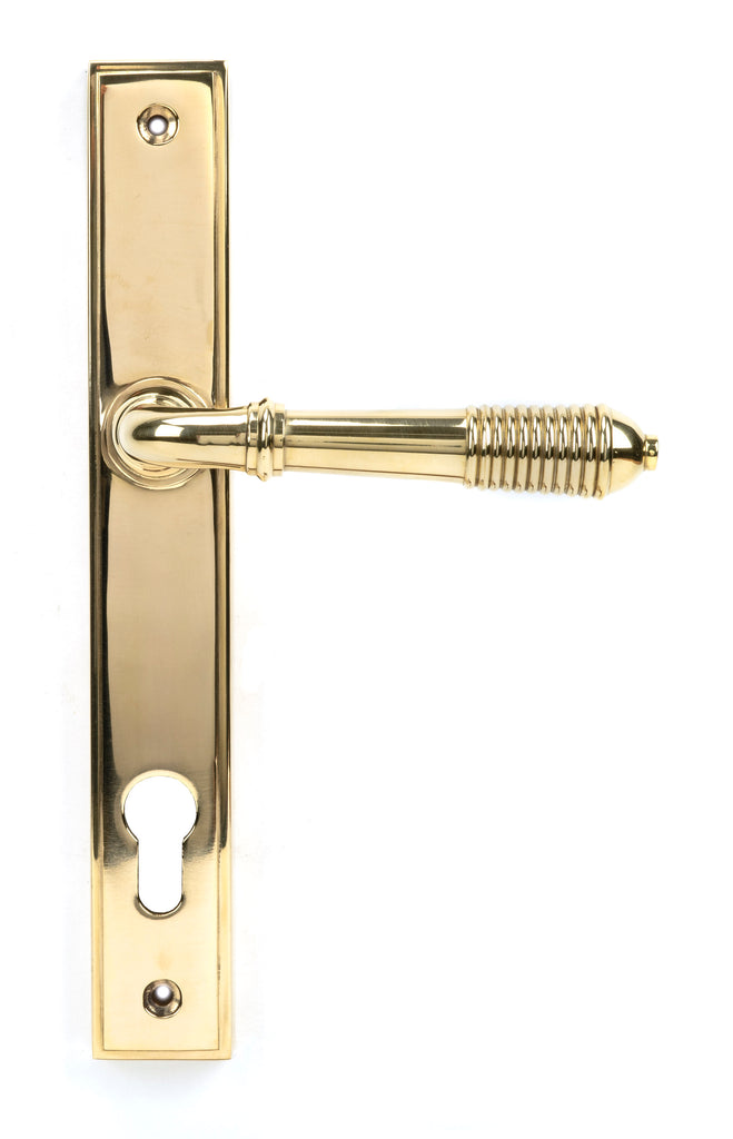 White background image of From The Anvil's Polished Brass Reeded Slimline Lever Espag. Lock Set | From The Anvil