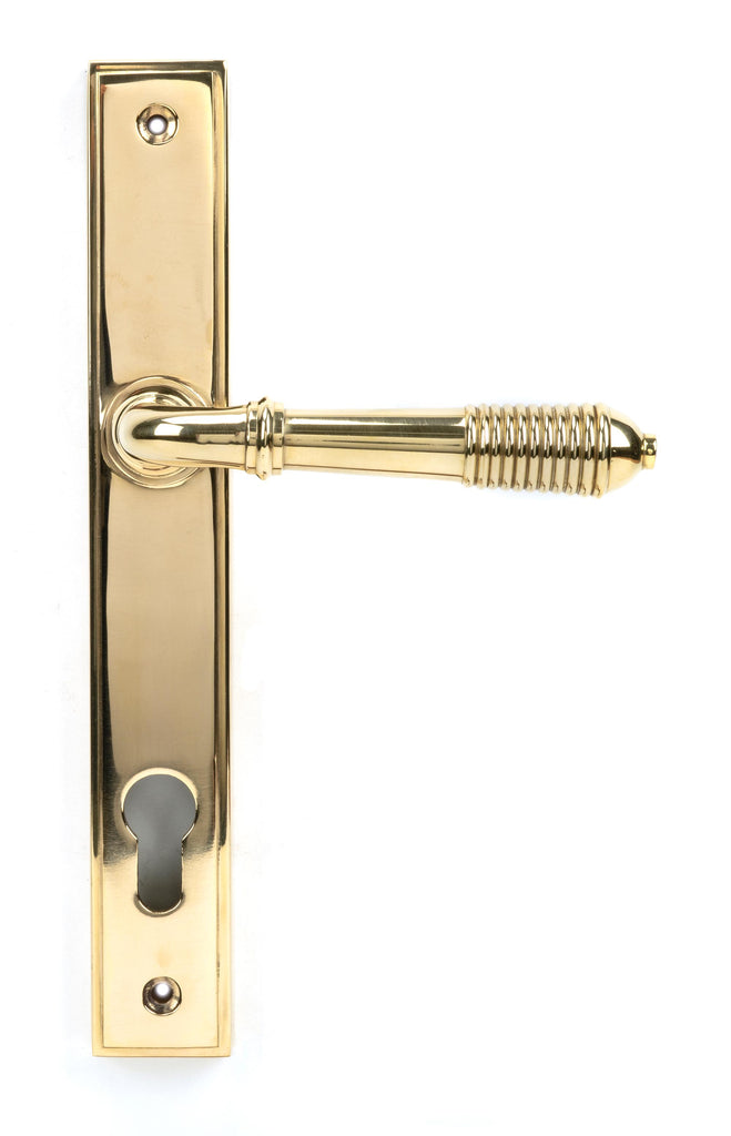 White background image of From The Anvil's Polished Brass Reeded Slimline Lever Espag. Lock Set | From The Anvil