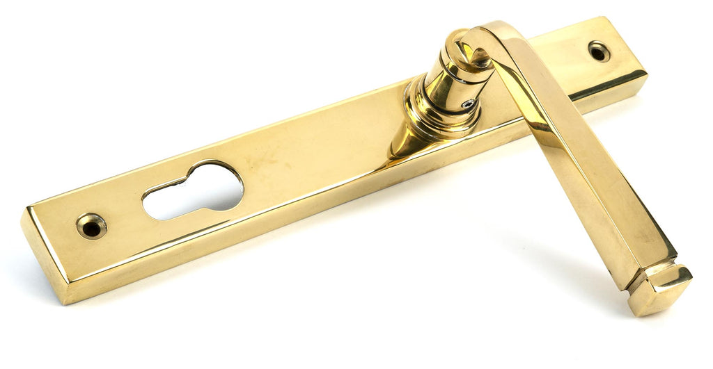 White background image of From The Anvil's Polished Brass Avon Slimline Lever Espag. Lock Set | From The Anvil