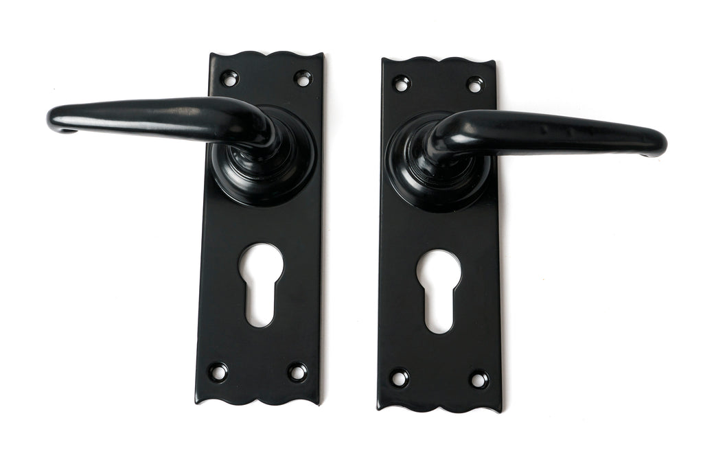 White background image of From The Anvil's Black Oak Lever Euro Lock Set | From The Anvil