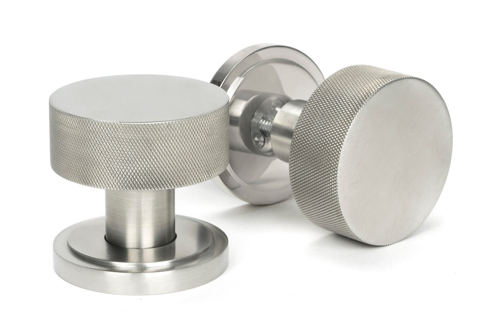 White background image of From The Anvil's Satin Marine Stainless Steel Brompton Mortice/Rim Knob Set | From The Anvil