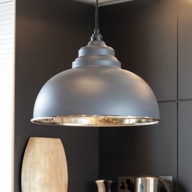 Grey painted Harborne From The Anvil Smooth Nickel ceiling pendant light.