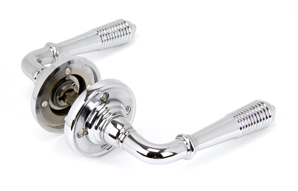 White background image of From The Anvil's Polished Chrome Reeded Lever on Rose Set | From The Anvil