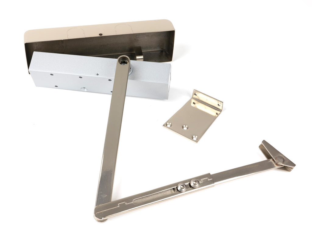 White background image of From The Anvil's Polished Nickel Size 2-5 Door Closer | From The Anvil