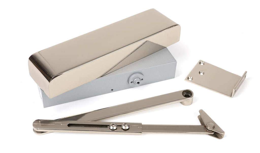 White background image of From The Anvil's Polished Nickel Size 2-5 Door Closer | From The Anvil