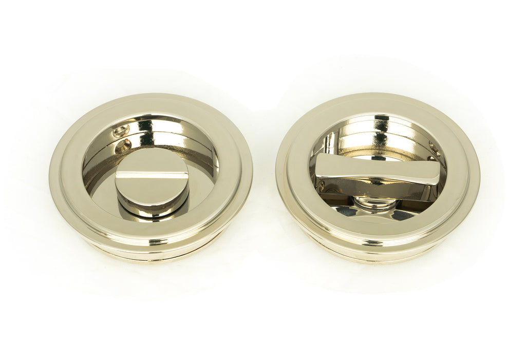 White background image of From The Anvil's Polished Nickel Art Deco Round Pull - Privacy Set | From The Anvil