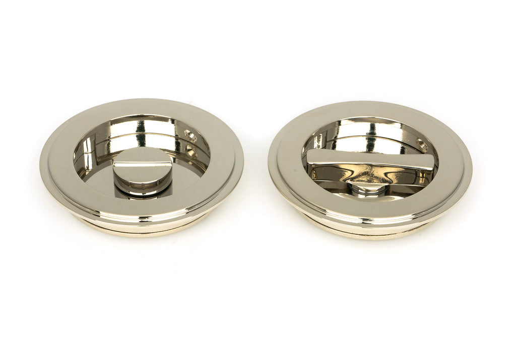 White background image of From The Anvil's Polished Nickel Art Deco Round Pull - Privacy Set | From The Anvil