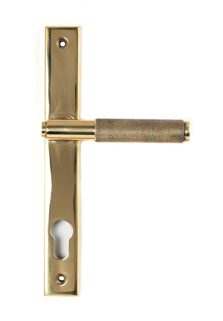 White background image of From The Anvil's Polished Brass Brompton Slimline Lever Espag. Lock Set | From The Anvil