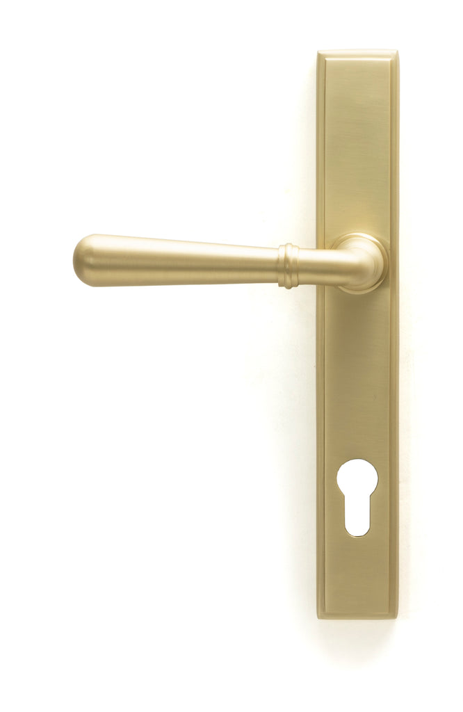 White background image of From The Anvil's Satin Brass Newbury Slimline Lever Espag. Lock Set | From The Anvil