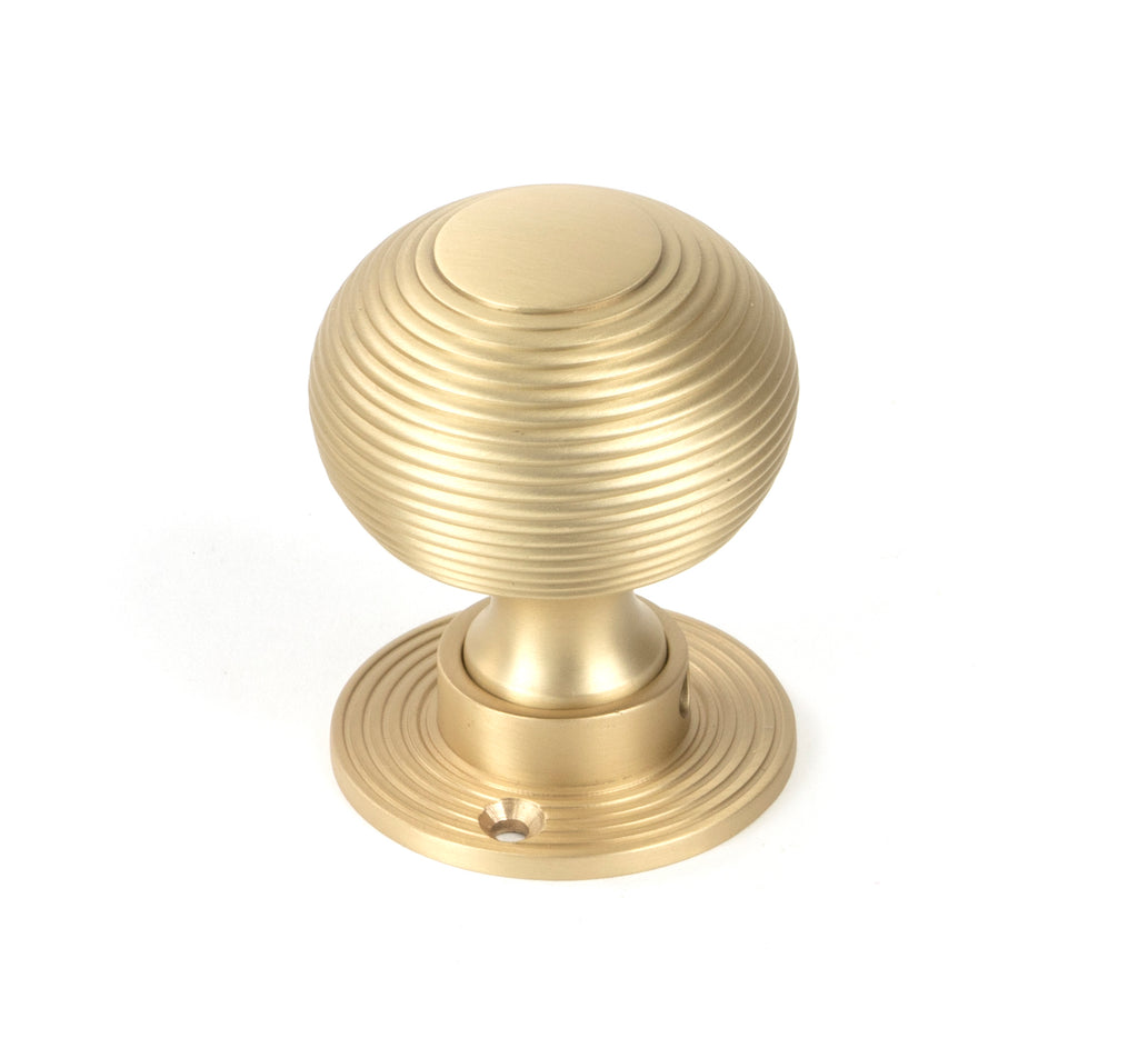 White background image of From The Anvil's Satin Brass Heavy Beehive Mortice/Rim Knob Set | From The Anvil