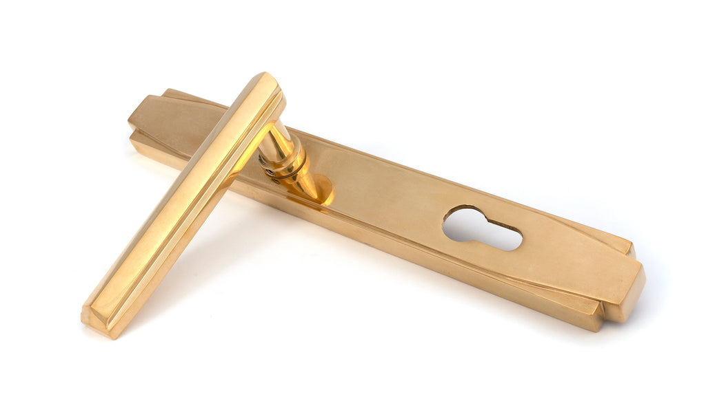 White background image of From The Anvil's Polished Brass Art Deco Slimline Lever Espag. Lock Set | From The Anvil