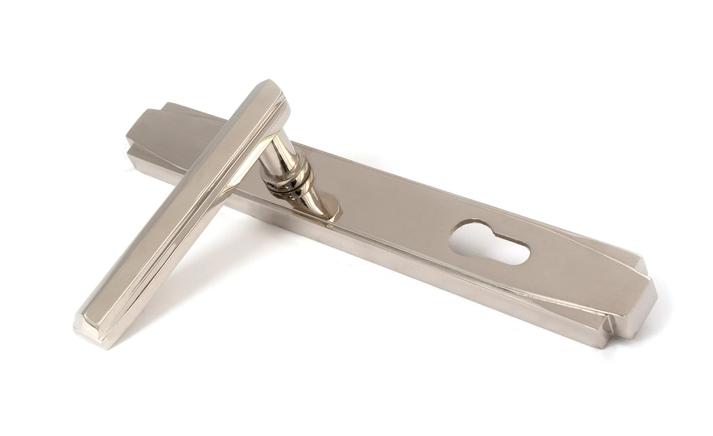 White background image of From The Anvil's Polished Nickel Art Deco Slimline Lever Espag. Lock Set | From The Anvil