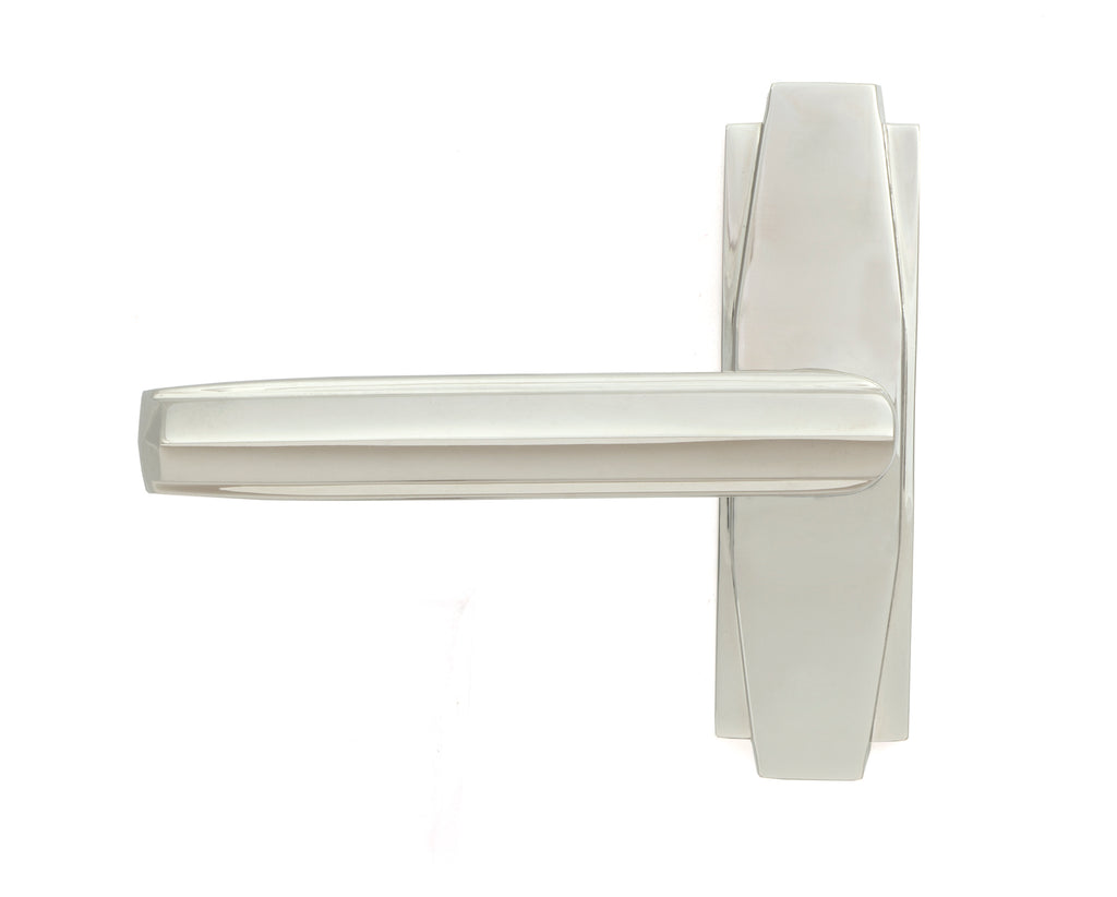 White background image of From The Anvil's Polished Nickel Art Deco Lever on Rose Set | From The Anvil
