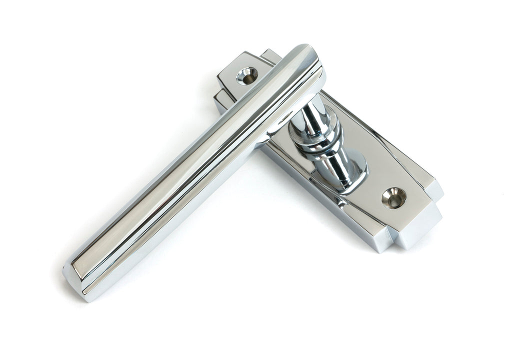White background image of From The Anvil's Polished Chrome Art Deco Lever on Rose Set | From The Anvil