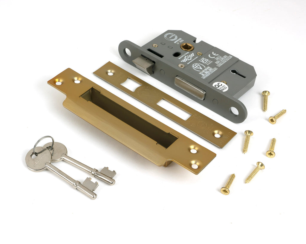 White background image of From The Anvil's Satin Brass 2½" 5 Lever BS Sash Lock