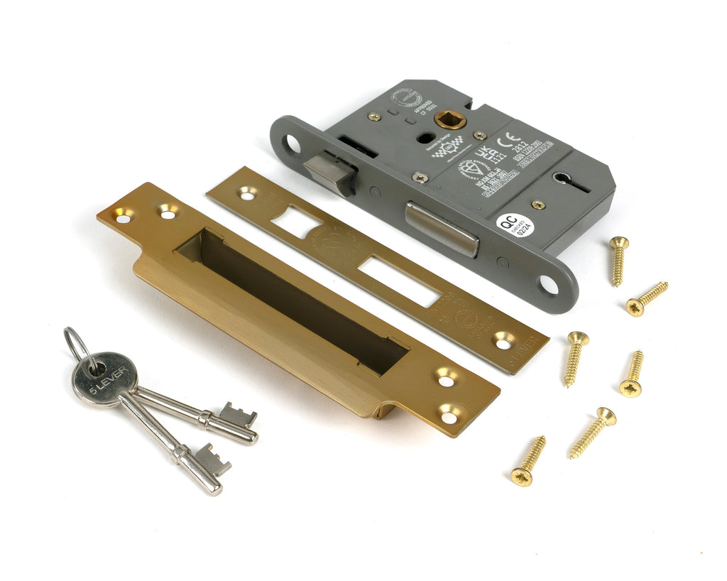 White background image of From The Anvil's Satin Brass 3" 5 Lever BS Sash Lock