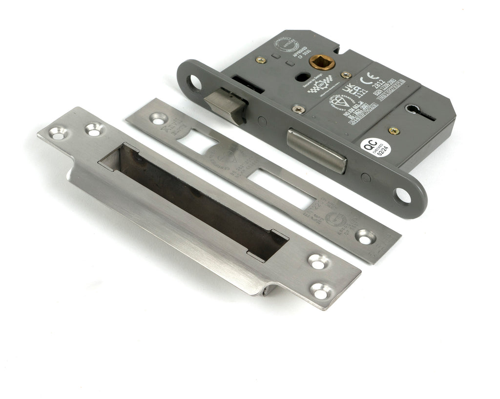 White background image of From The Anvil's Satin Chrome 3" 5 Lever BS Sash Lock