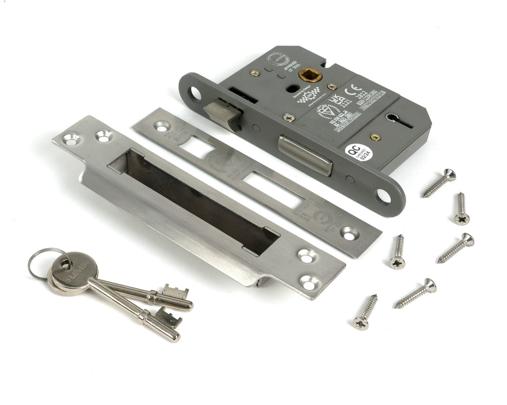 White background image of From The Anvil's Satin Chrome 3" 5 Lever BS Sash Lock