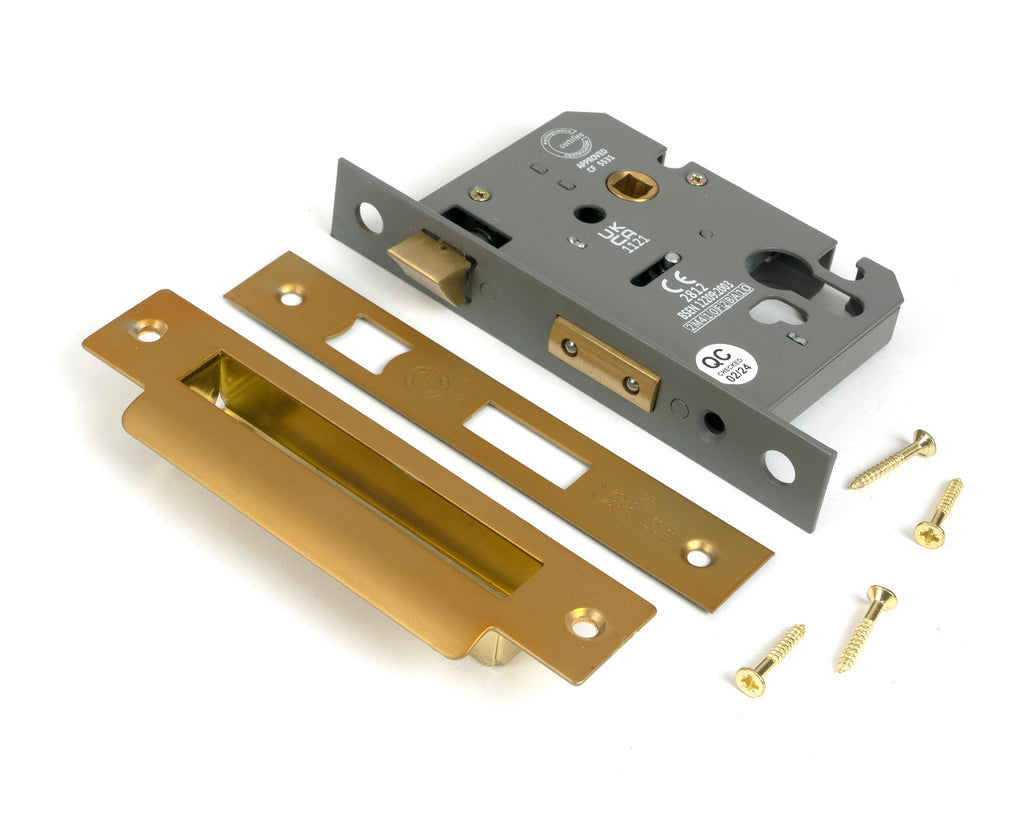 White background image of From The Anvil's Satin Brass 3" Euro Profile Sash Lock