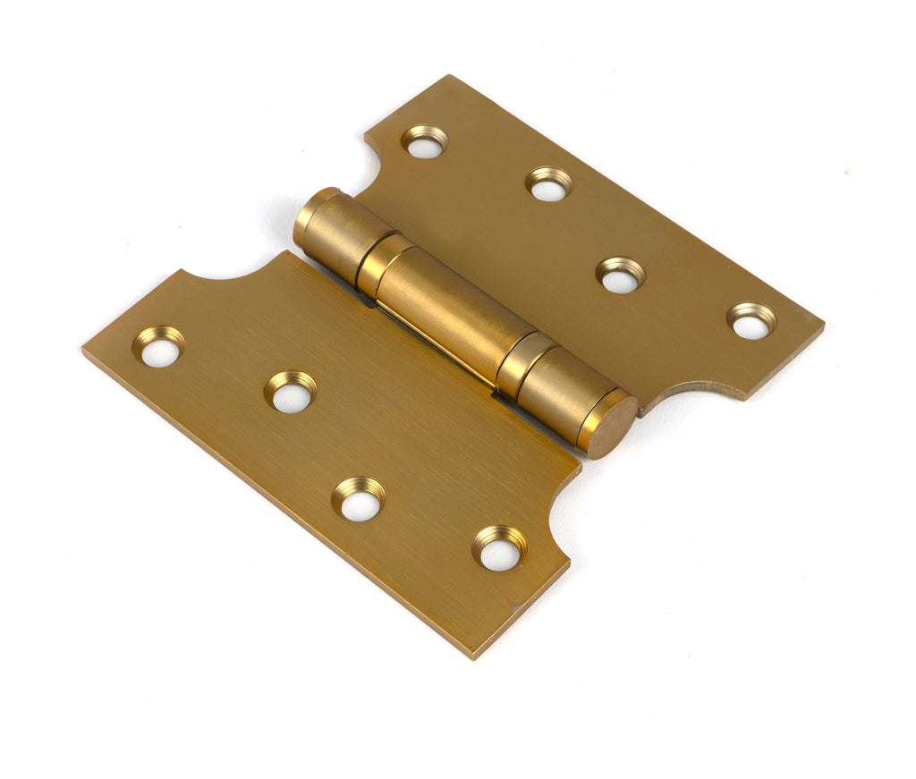 White background image of From The Anvil's Satin Brass 4" x 2" x 4"  Parliament Hinge (pair) ss