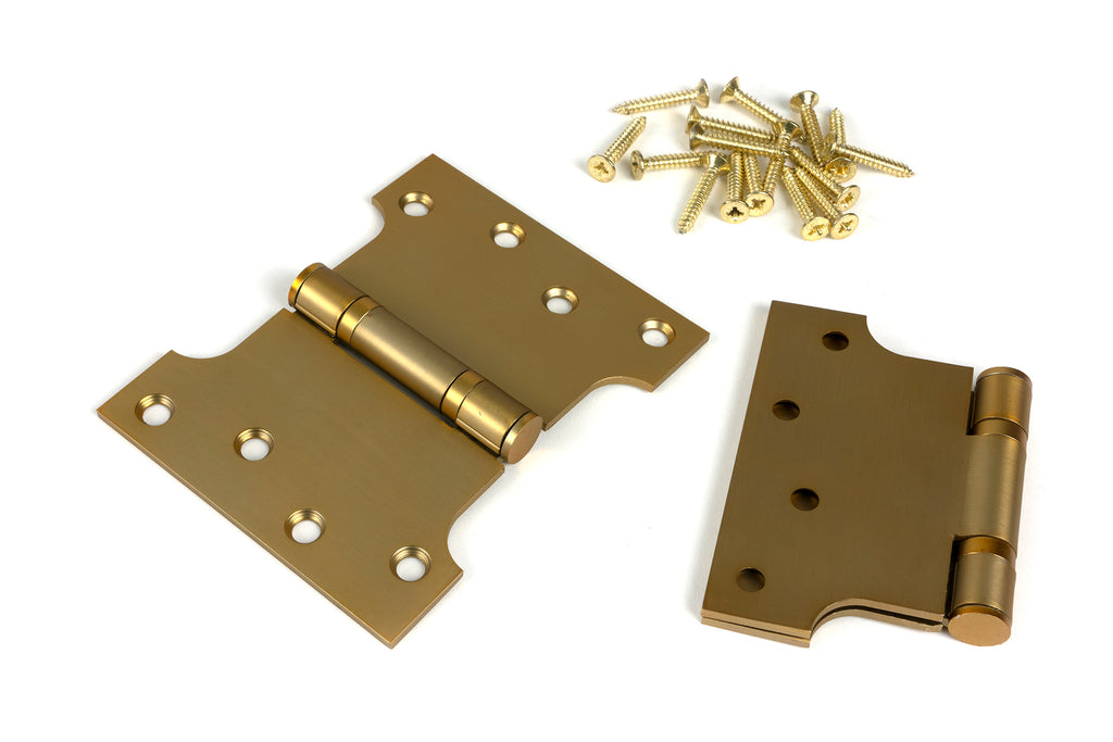 White background image of From The Anvil's Satin Brass 4" x 3" x 5" Parliament Hinge (pair) ss