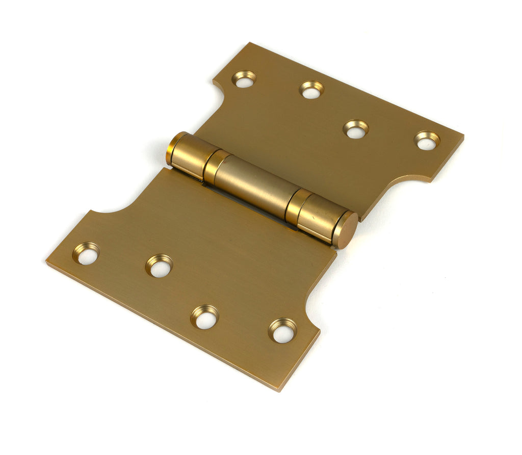 White background image of From The Anvil's Satin Brass 4" x 3" x 5" Parliament Hinge (pair) ss