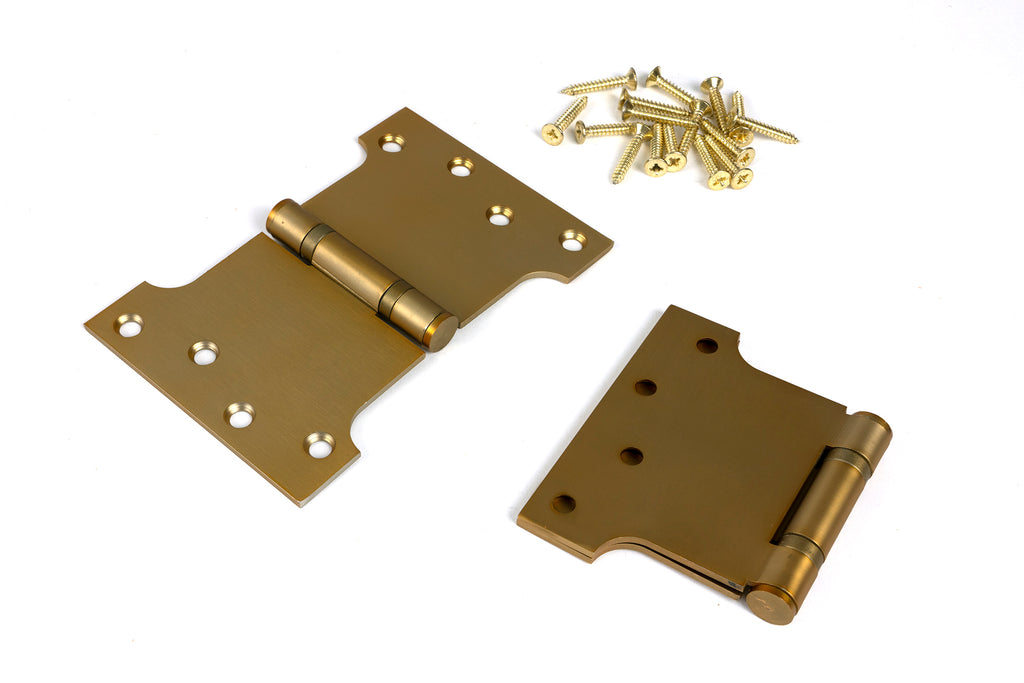 White background image of From The Anvil's Satin Brass 4" x 4" x 6" Parliament Hinge (pair) ss