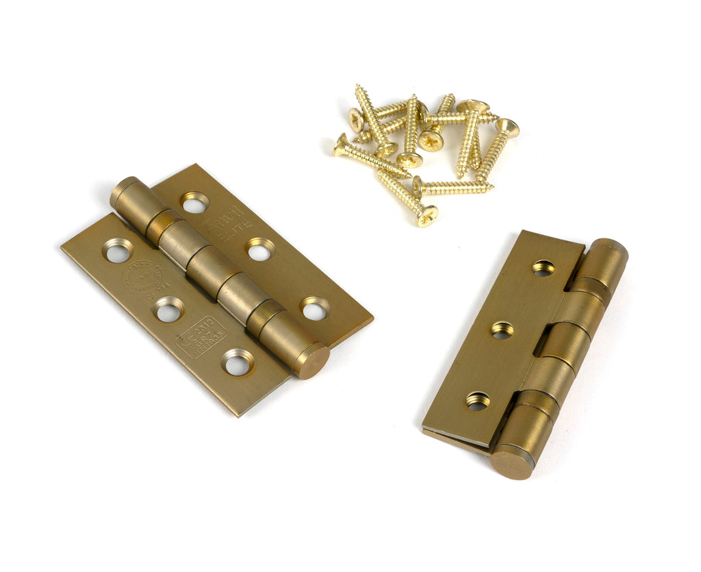 White background image of From The Anvil's Satin Brass 3" Ball Bearing Butt Hinge (Pair) ss