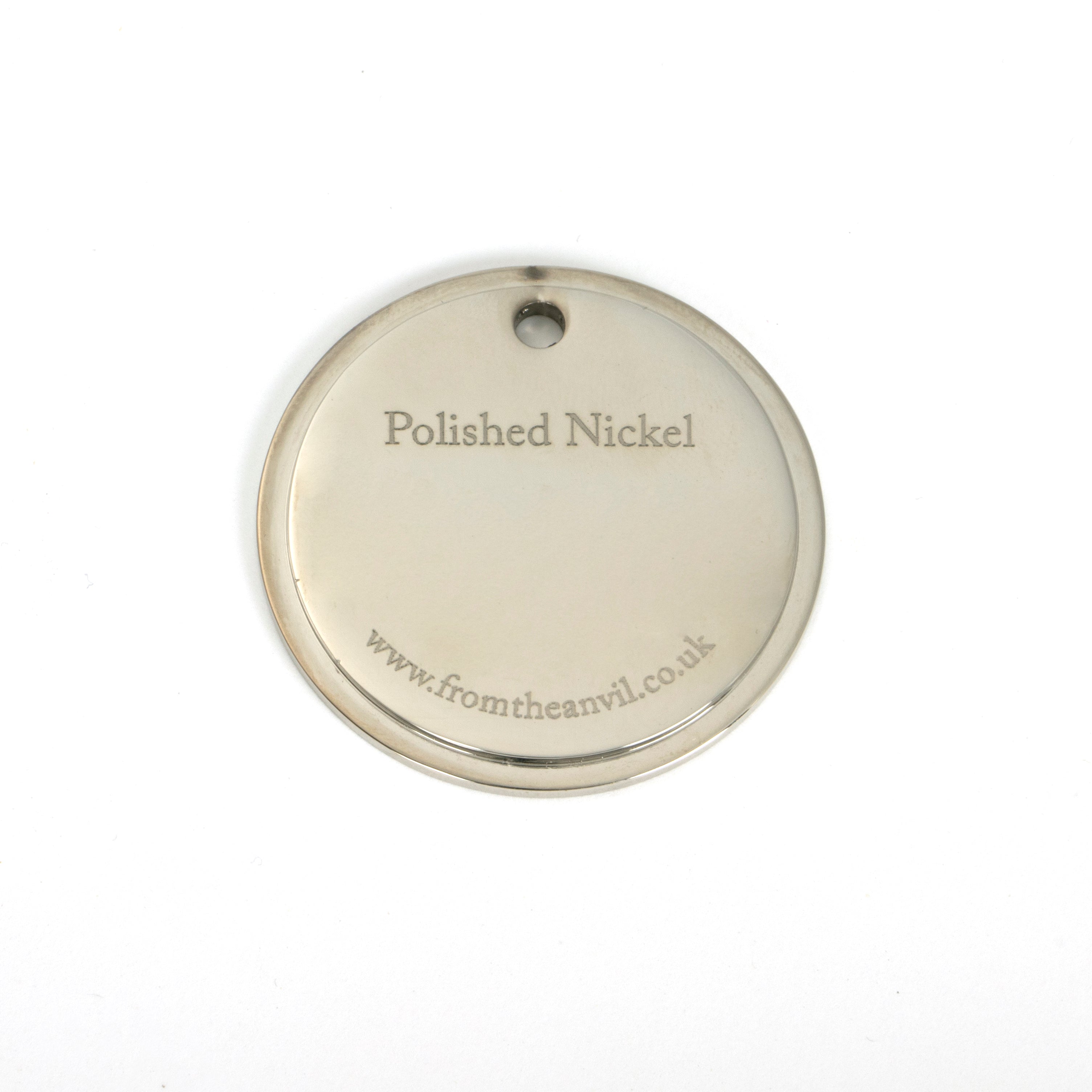 White background image of From The Anvil's Polished Nickel finish swatch