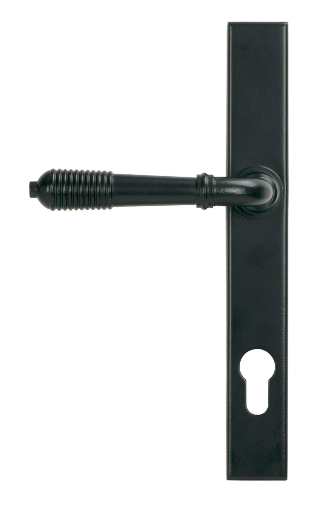 White background image of From The Anvil's Matt Black Reeded Slimline Lever Espag. Lock Set