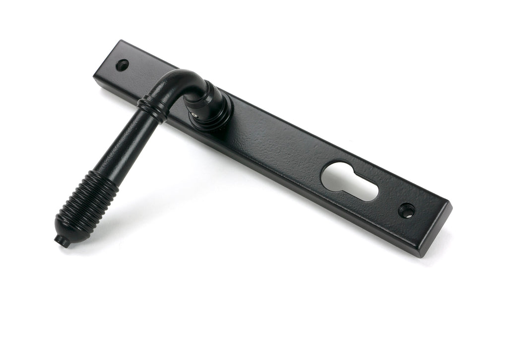 White background image of From The Anvil's Matt Black Reeded Slimline Lever Espag. Lock Set