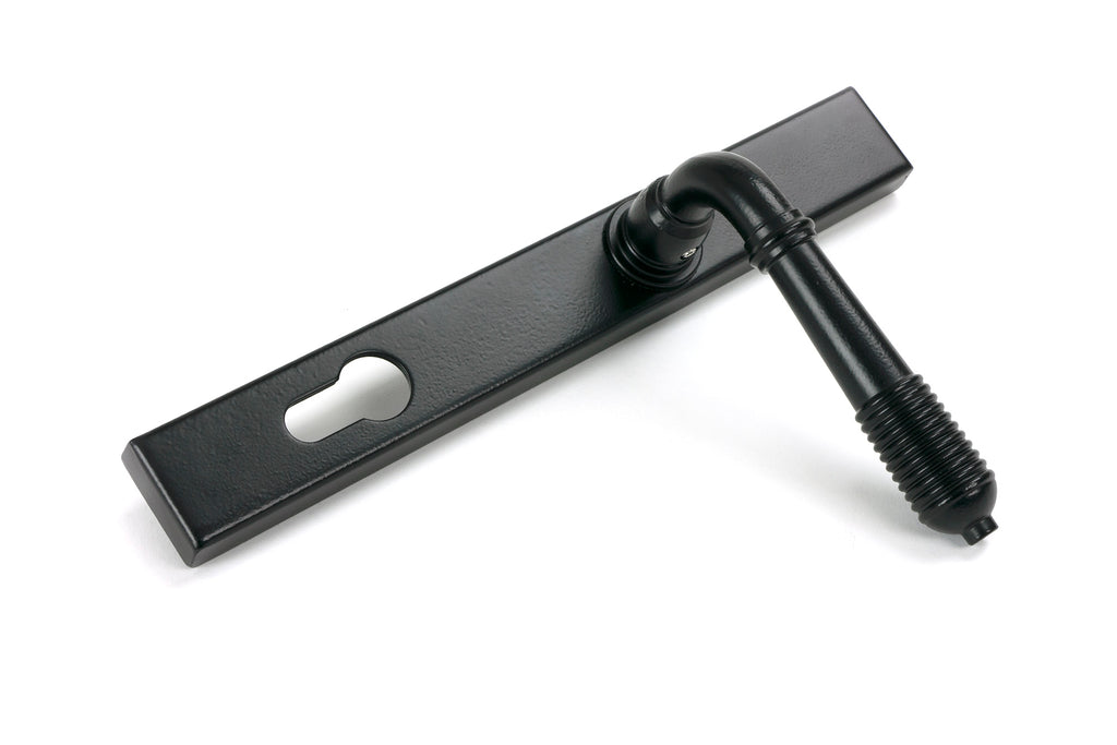 White background image of From The Anvil's Matt Black Reeded Slimline Lever Espag. Lock Set