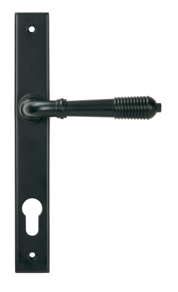 From The Anvil's Matt Black Reeded Slimline Lever Espag. Lock Set