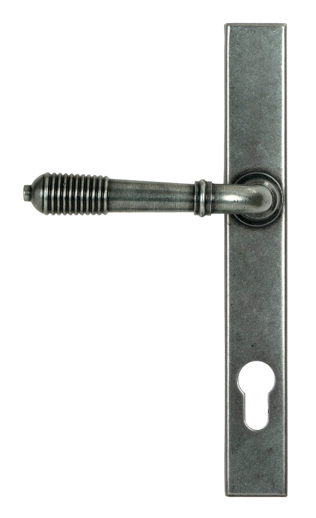 White background image of From The Anvil's Pewter Reeded Slimline Lever Espag. Lock Set