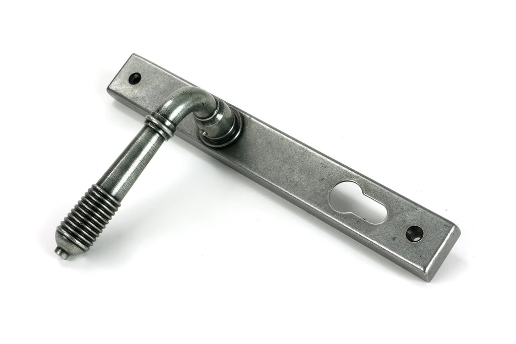 White background image of From The Anvil's Pewter Reeded Slimline Lever Espag. Lock Set