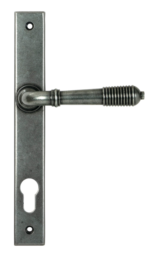 White background image of From The Anvil's Pewter Reeded Slimline Lever Espag. Lock Set