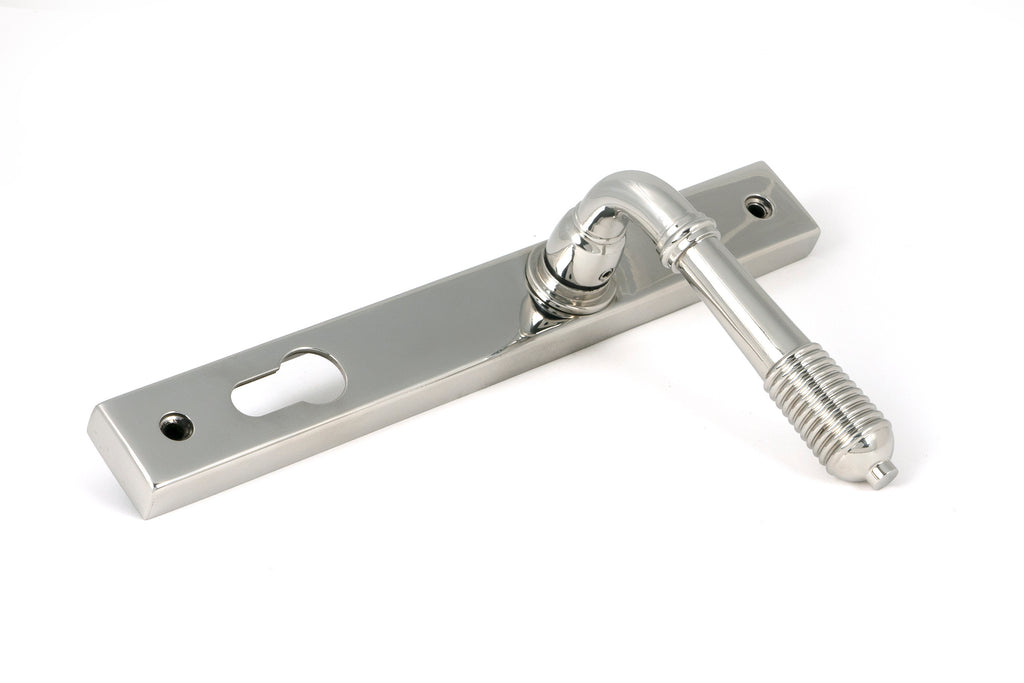 White background image of From The Anvil's Polished Marine SS (316) Reeded Slimline Lever Espag. Lock Set