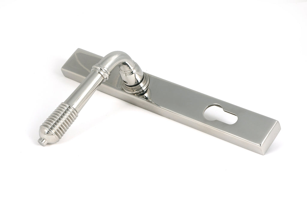 White background image of From The Anvil's Polished Marine SS (316) Reeded Slimline Lever Espag. Lock Set