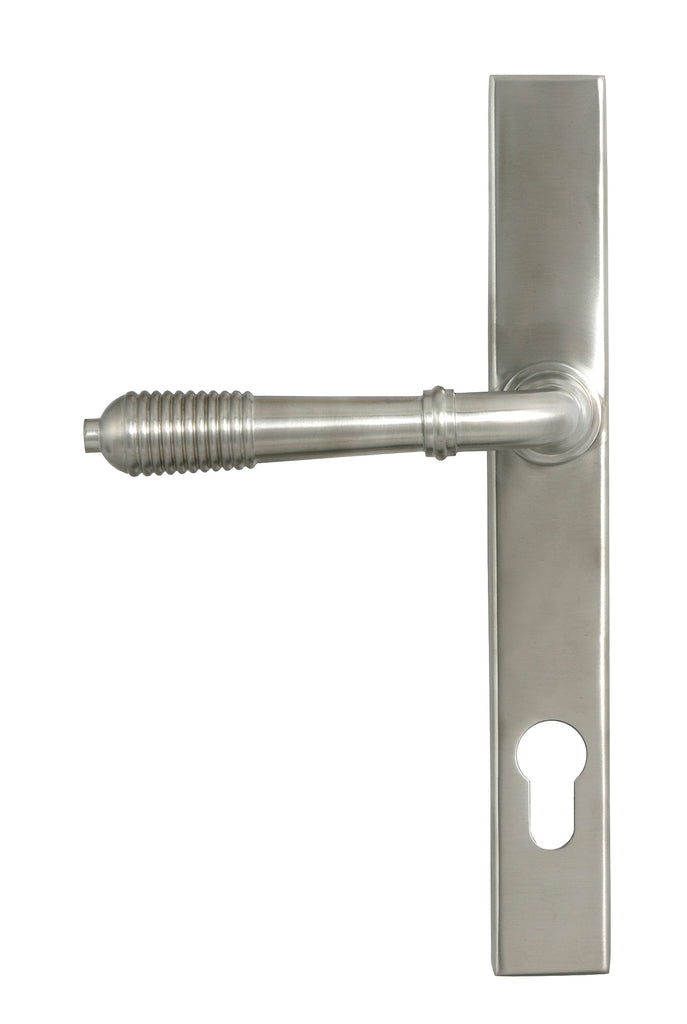 White background image of From The Anvil's Satin Marine SS (316) Reeded Slimline Lever Espag. Lock Set