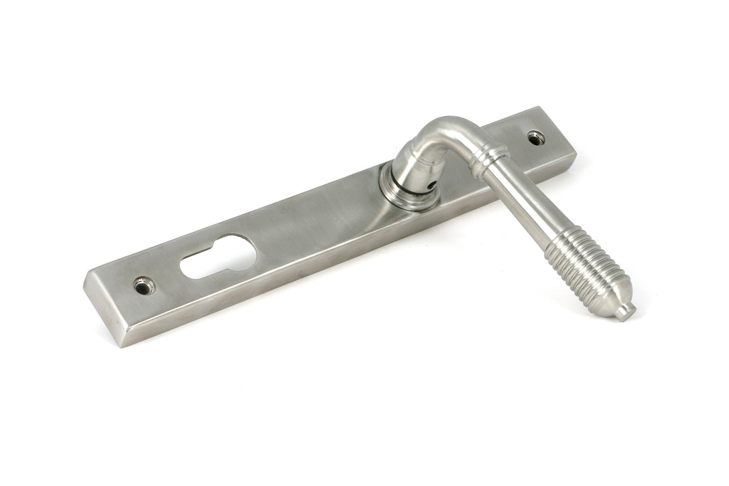 White background image of From The Anvil's Satin Marine SS (316) Reeded Slimline Lever Espag. Lock Set