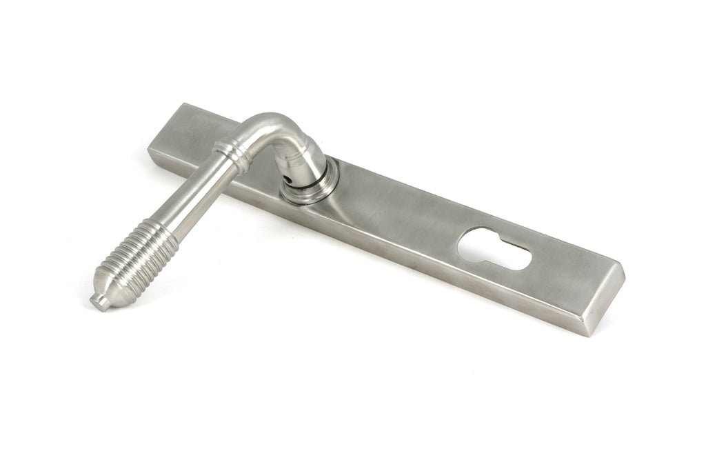 White background image of From The Anvil's Satin Marine SS (316) Reeded Slimline Lever Espag. Lock Set