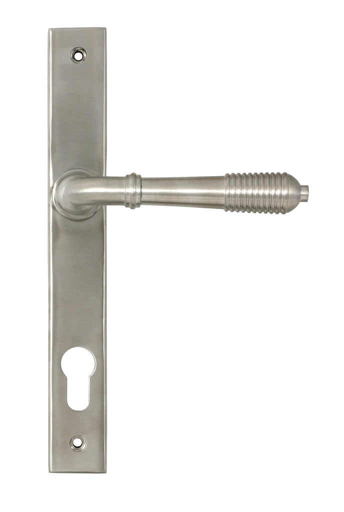 White background image of From The Anvil's Satin Marine SS (316) Reeded Slimline Lever Espag. Lock Set