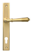 From The Anvil's Satin Brass Reeded Slimline Lever Espag. Lock Set