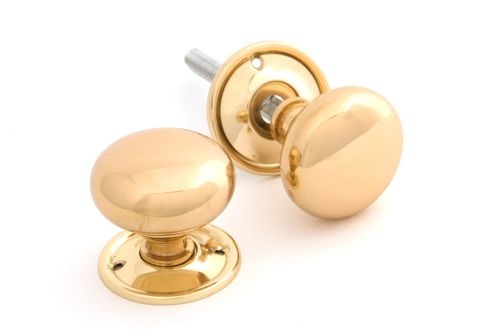White background image of From The Anvil's Polished Brass Mushroom Mortice/Rim Knob Set | From The Anvil