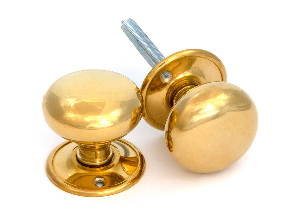 White background image of From The Anvil's Polished Brass Mushroom Mortice/Rim Knob Set | From The Anvil