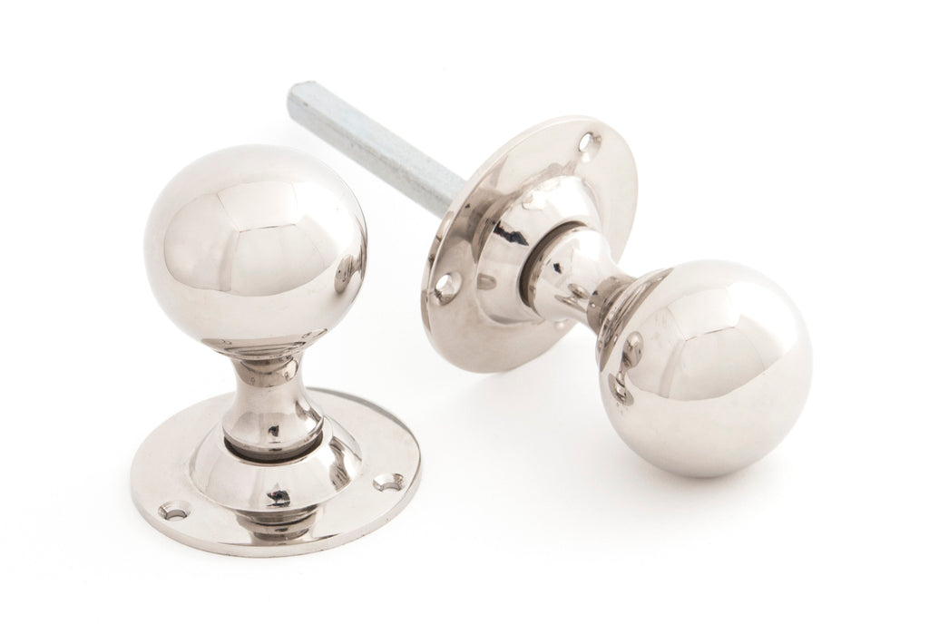 White background image of From The Anvil's Polished Nickel Ball Mortice Knob Set | From The Anvil