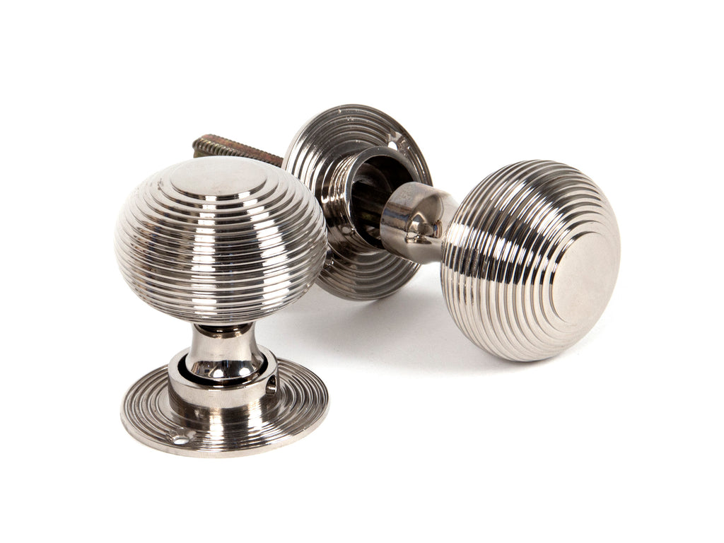 White background image of From The Anvil's Polished Nickel Heavy Beehive Mortice/Rim Knob Set | From The Anvil