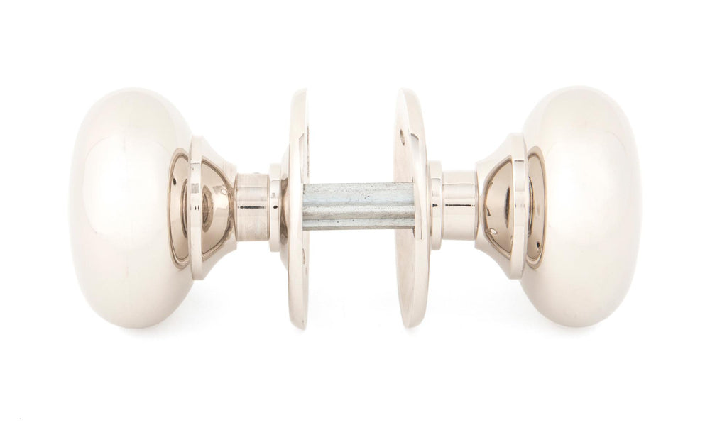 White background image of From The Anvil's Polished Nickel Mushroom Mortice/Rim Knob Set | From The Anvil