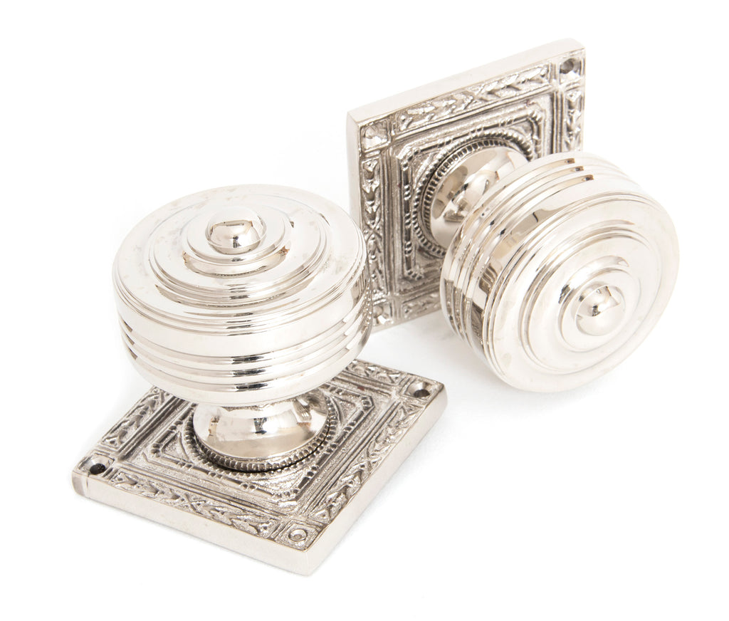 White background image of From The Anvil's Polished Nickel Tewkesbury Square Mortice Knob Set | From The Anvil